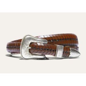 WILL Genuine Leather Silver Buckle Western Lace Belt Cognac Brown Size 33